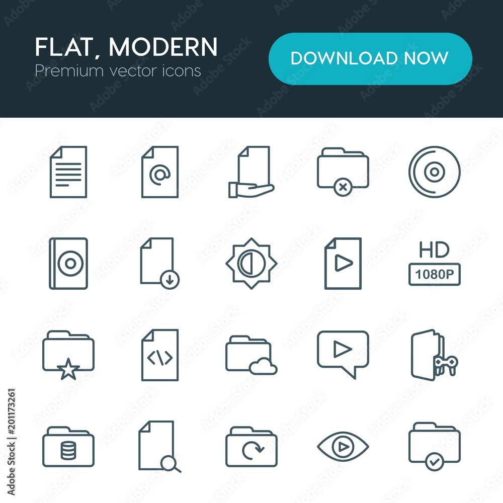 Poster modern simple set of folder, video, photos, files vector outline icons. ..contains such icons as vec