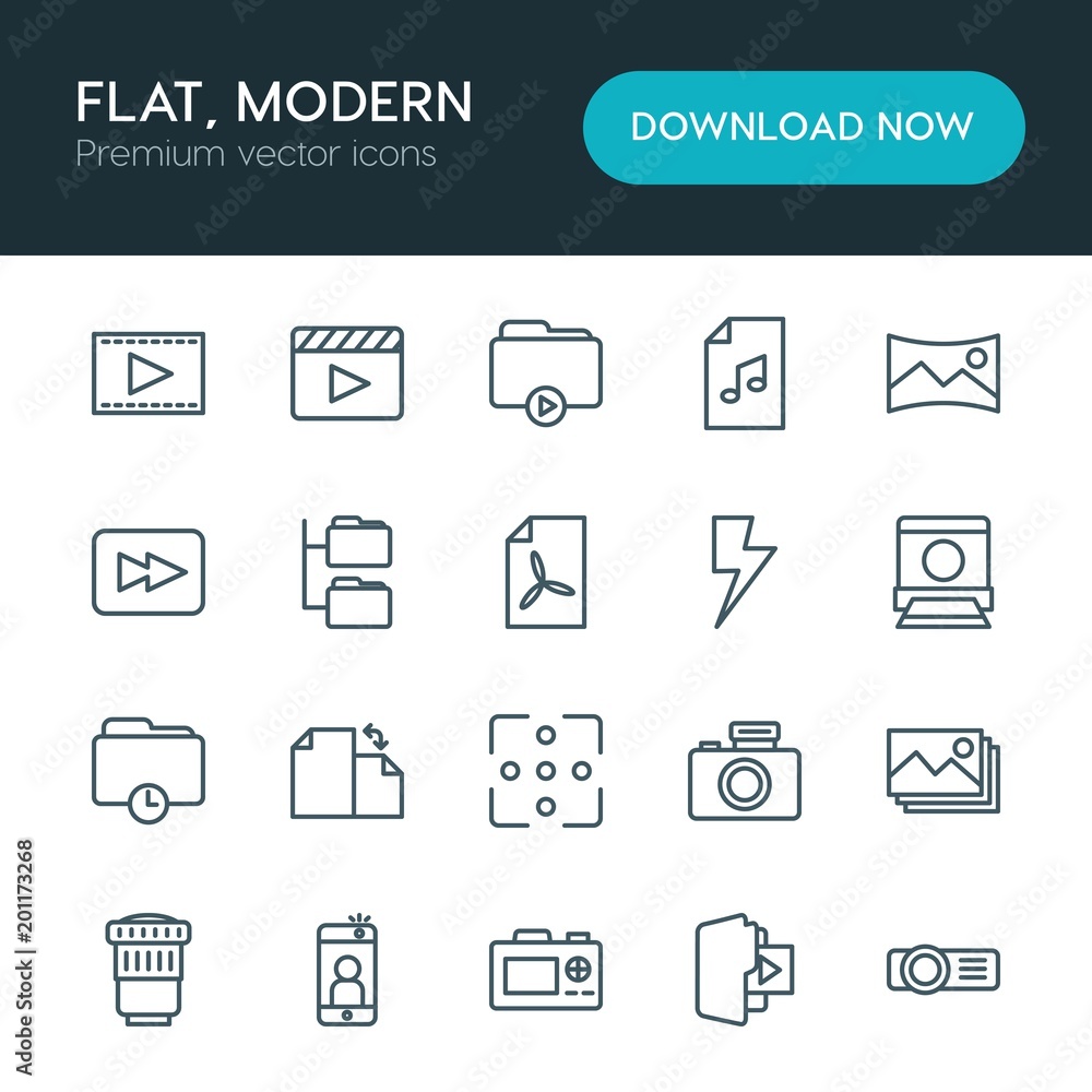 Poster modern simple set of folder, video, photos, files vector outline icons. ..contains such icons as web