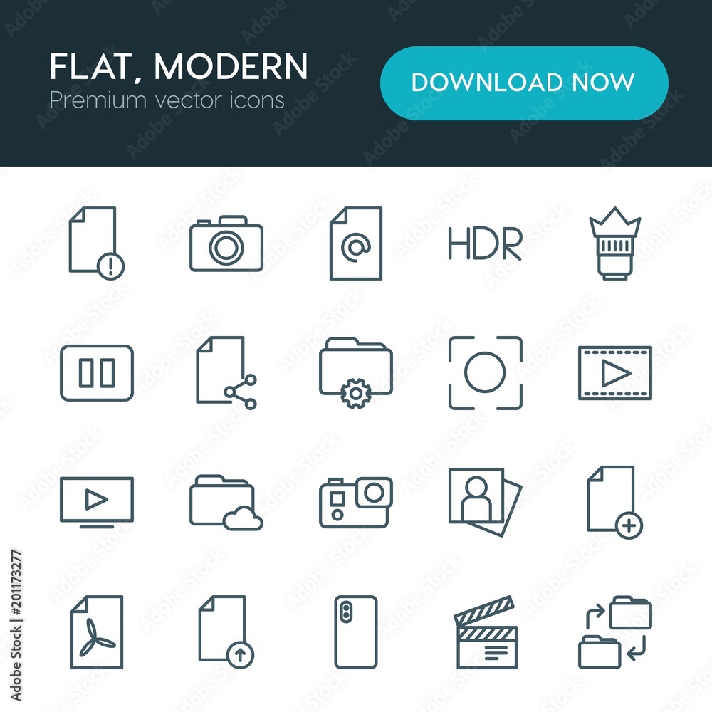Poster modern simple set of folder, video, photos, files vector outline icons. ..contains such icons as arc