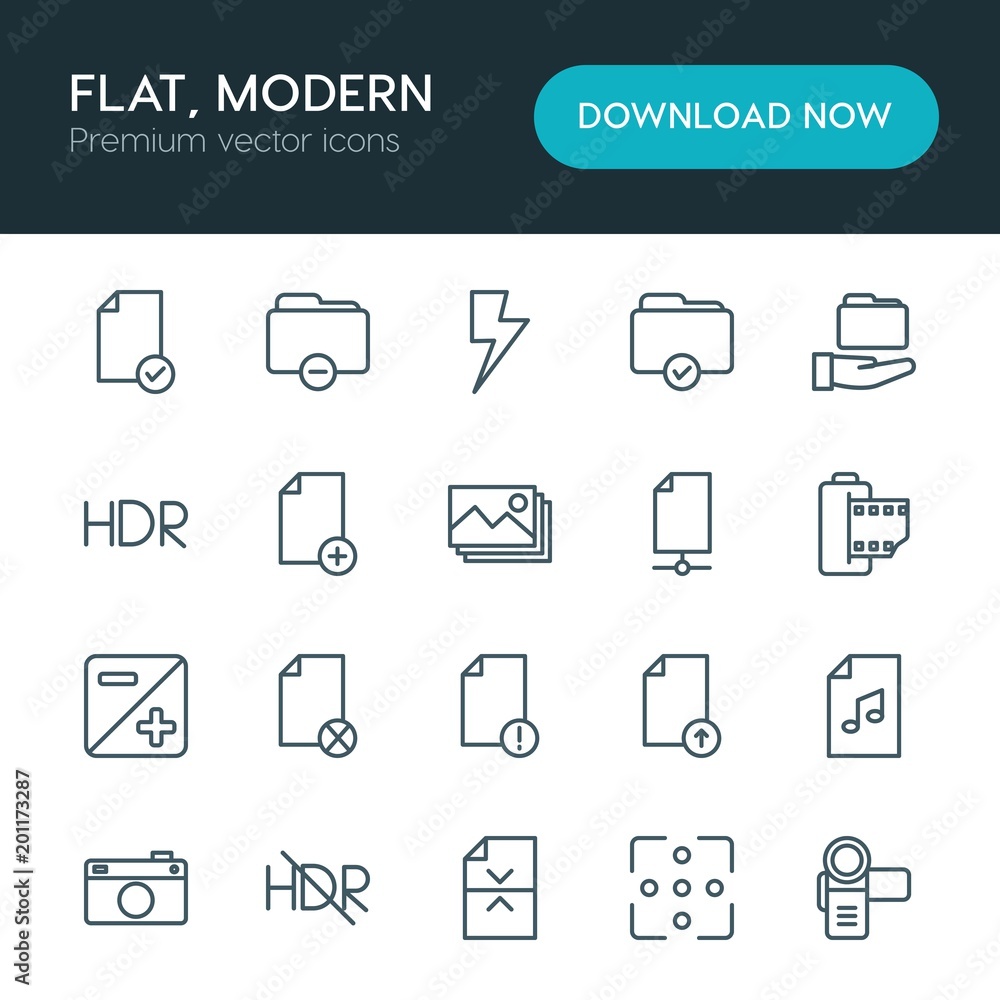 Poster modern simple set of folder, video, photos, files vector outline icons. ..contains such icons as fol