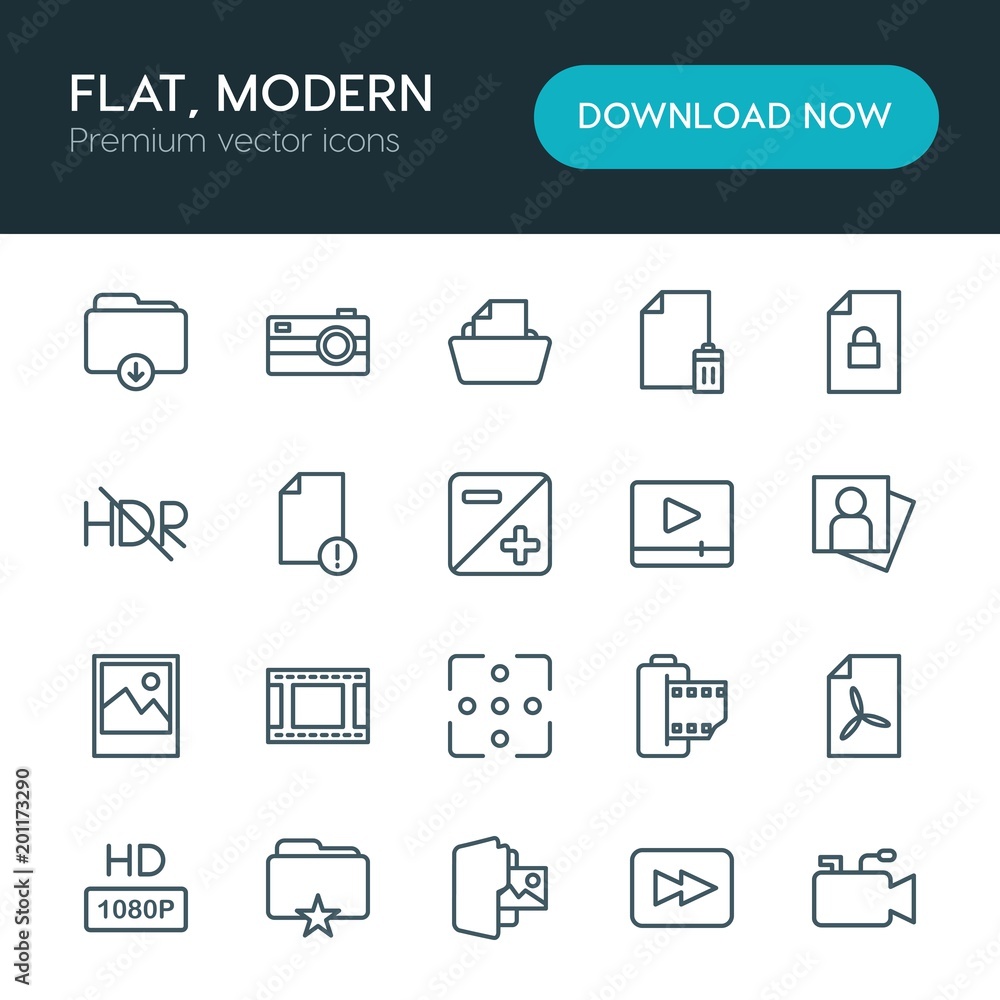 Poster modern simple set of folder, video, photos, files vector outline icons. ..contains such icons as tel
