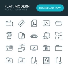 Modern Simple Set of folder, video, photos, files Vector outline Icons. ..Contains such Icons as  blank, microphone,  office, file,  data and more on white background. Fully Editable. Pixel Perfect