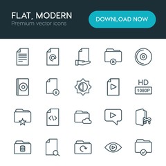 Modern Simple Set of folder, video, photos, files Vector outline Icons. ..Contains such Icons as  vector,  business, folder,  cd,  fashion and more on white background. Fully Editable. Pixel Perfect