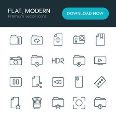 Modern Simple Set of folder, video, photos, files Vector outline Icons. ..Contains such Icons as  data,  movie,  business,  photo, lens and more on white background. Fully Editable. Pixel Perfect