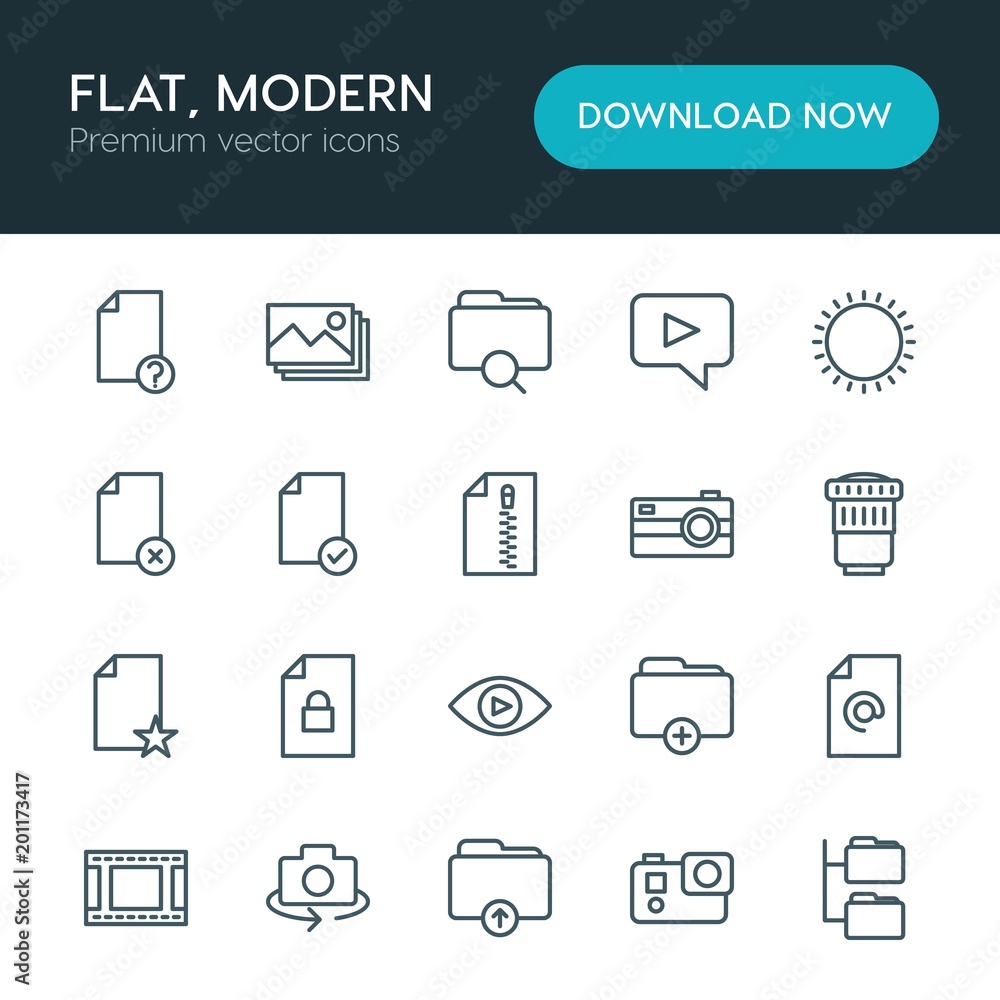 Aufkleber modern simple set of folder, video, photos, files vector outline icons. ..contains such icons as tec