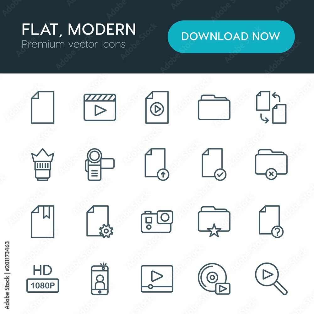 Poster modern simple set of folder, video, photos, files vector outline icons. ..contains such icons as pla