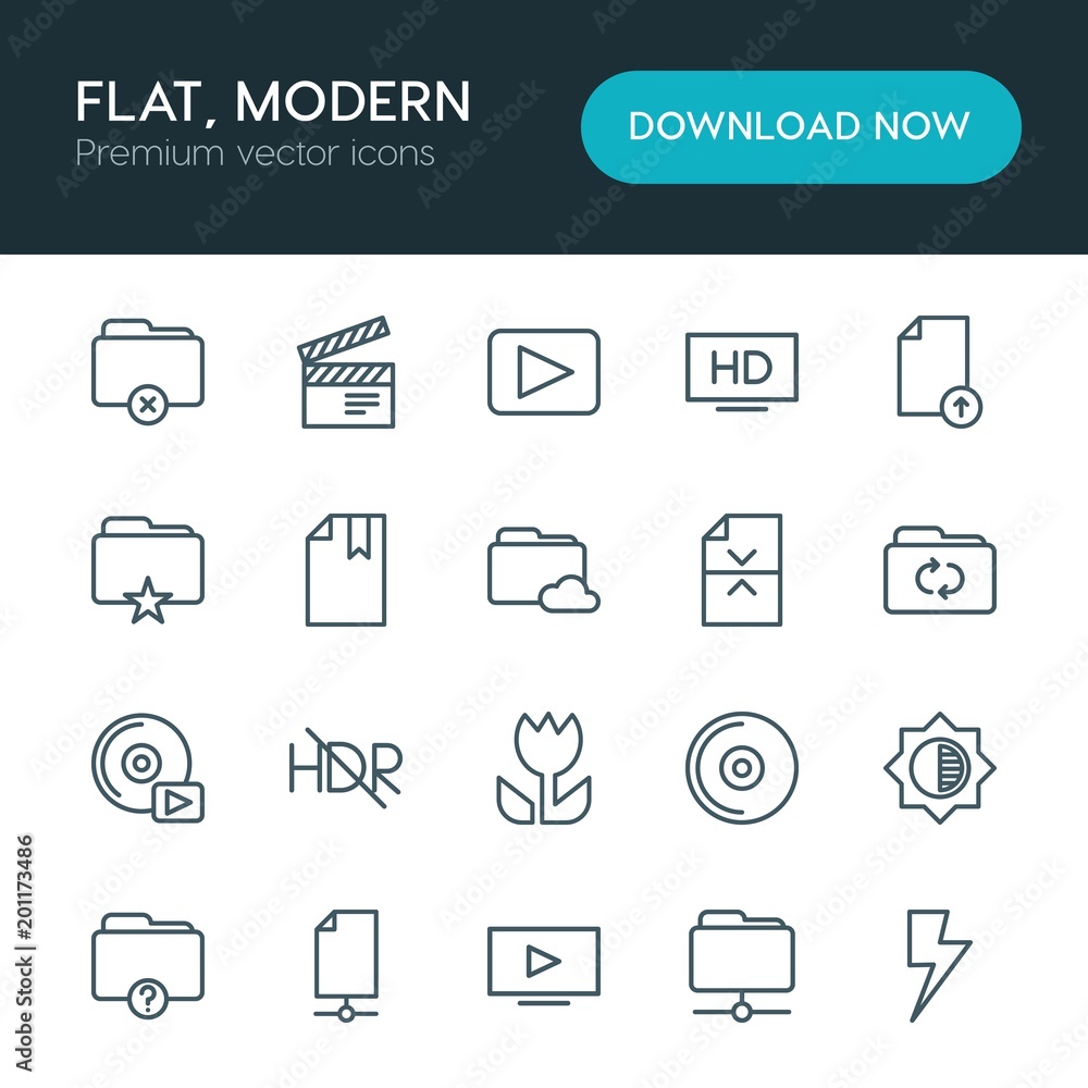 Poster modern simple set of folder, video, photos, files vector outline icons. ..contains such icons as mus