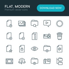 Modern Simple Set of folder, video, photos, files Vector outline Icons. ..Contains such Icons as  technology, search,  action, camera,  add and more on white background. Fully Editable. Pixel Perfect