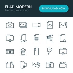 Modern Simple Set of folder, video, photos, files Vector outline Icons. ..Contains such Icons as  download,  vector, panorama,  symbol, lens and more on white background. Fully Editable. Pixel Perfect