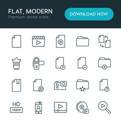 Modern Simple Set of folder, video, photos, files Vector outline Icons. ..Contains such Icons as  play, multimedia,  copy, change,  film, hd and more on white background. Fully Editable. Pixel Perfect