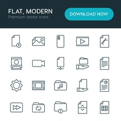 Modern Simple Set of folder, video, photos, files Vector outline Icons. ..Contains such Icons as  internet,  illustration,  forward, upload and more on white background. Fully Editable. Pixel Perfect