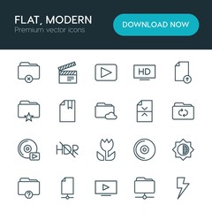Obraz premium Modern Simple Set of folder, video, photos, files Vector outline Icons. ..Contains such Icons as music, landscape, production, travel and more on white background. Fully Editable. Pixel Perfect