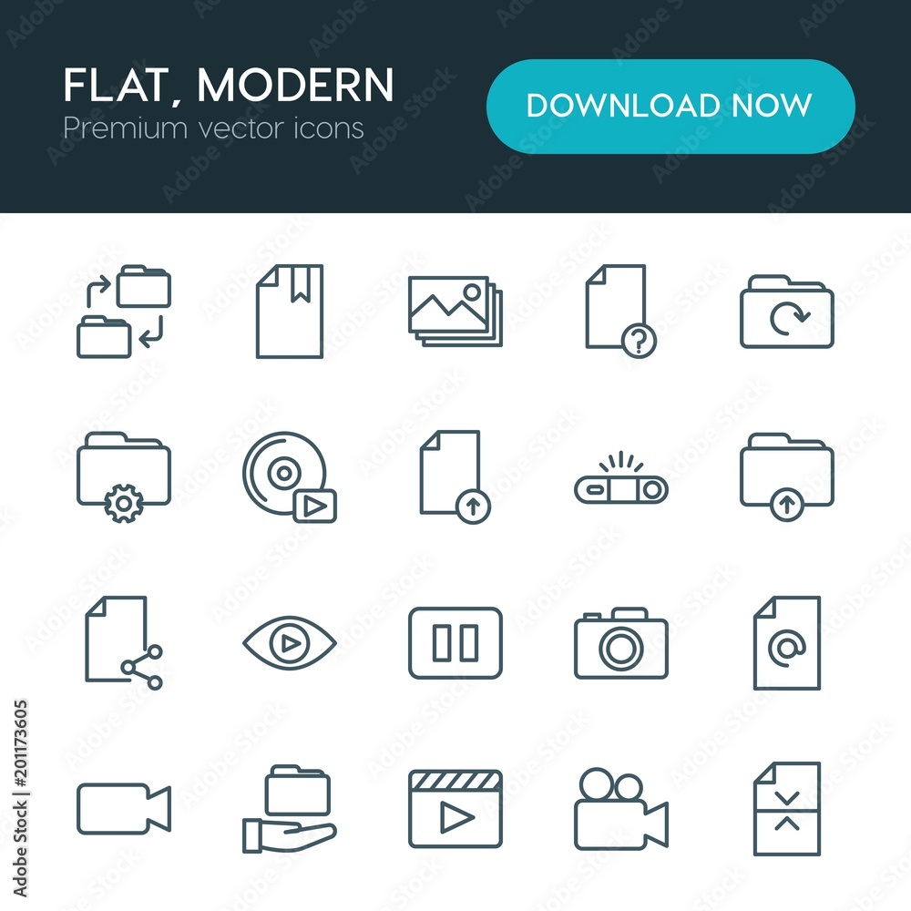 Poster modern simple set of folder, video, photos, files vector outline icons. ..contains such icons as off
