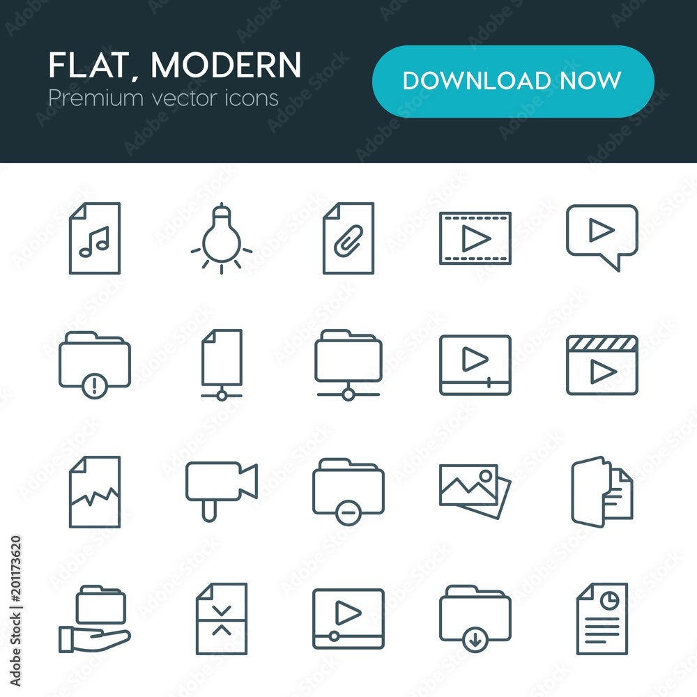 Poster modern simple set of folder, video, photos, files vector outline icons. ..contains such icons as dat