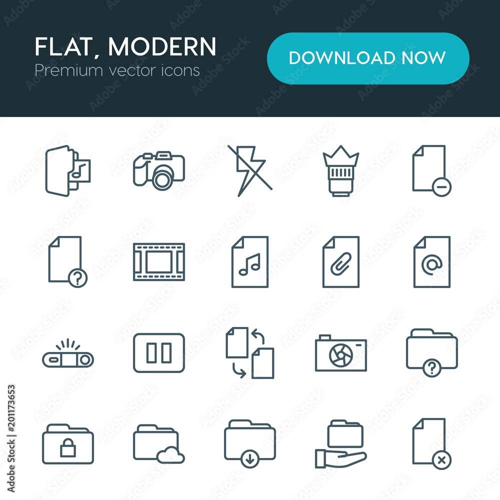 Poster modern simple set of folder, video, photos, files vector outline icons. ..contains such icons as con