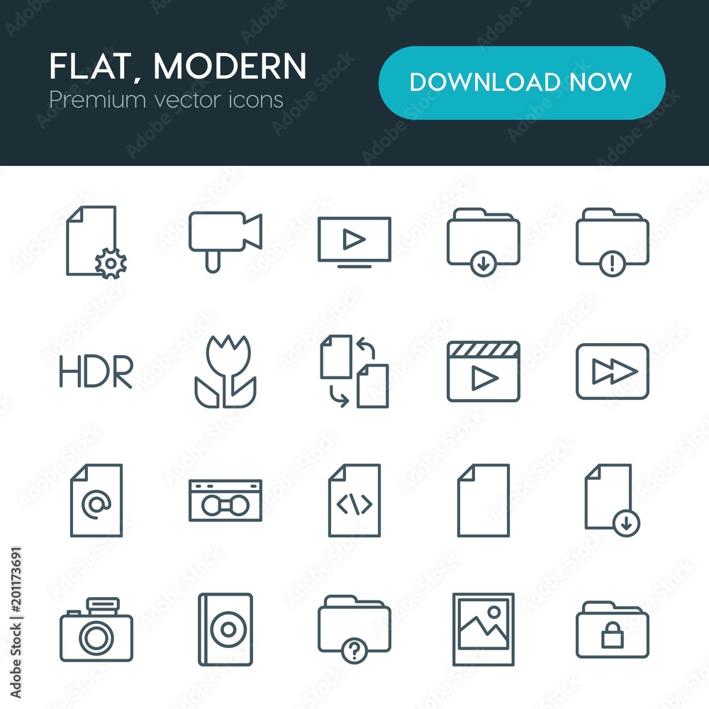 Poster modern simple set of folder, video, photos, files vector outline icons. ..contains such icons as err