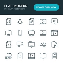 Modern Simple Set of folder, video, photos, files Vector outline Icons. ..Contains such Icons as  data,  attach,  mobile,  phone, office and more on white background. Fully Editable. Pixel Perfect