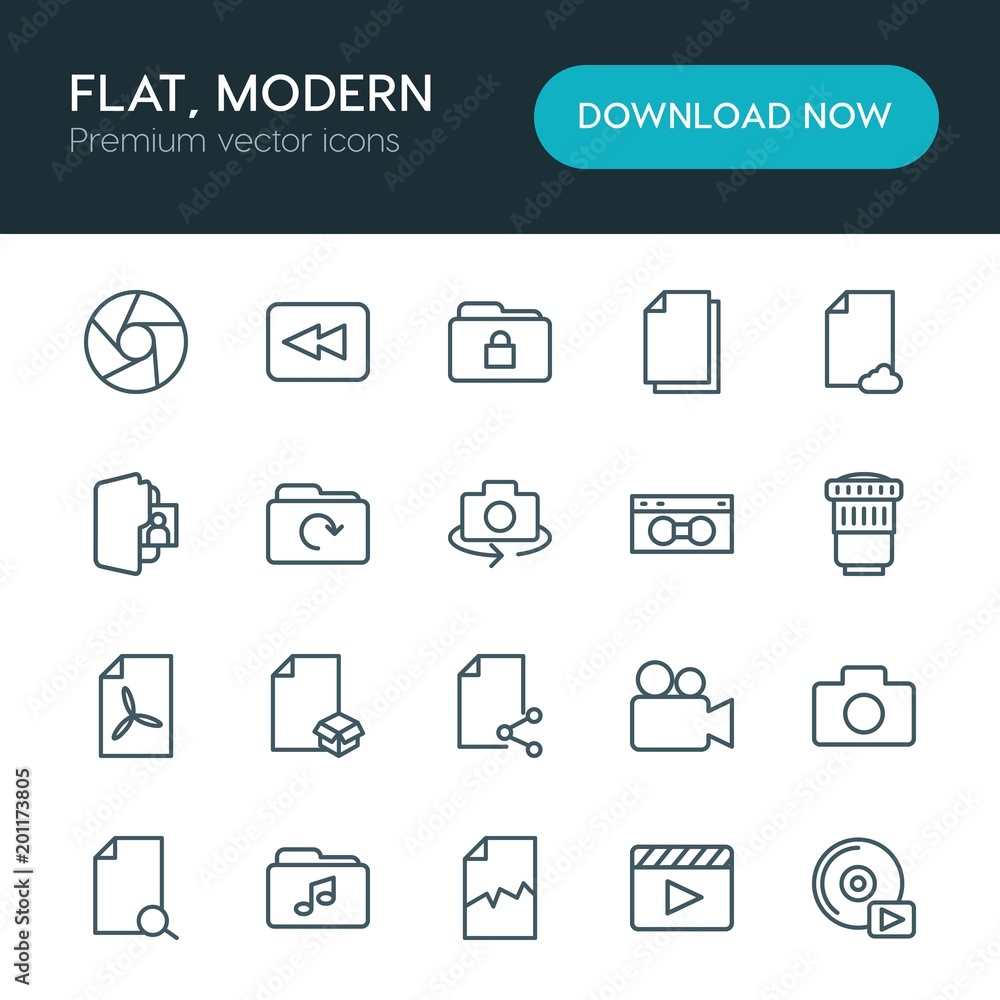 Poster modern simple set of folder, video, photos, files vector outline icons. ..contains such icons as mus