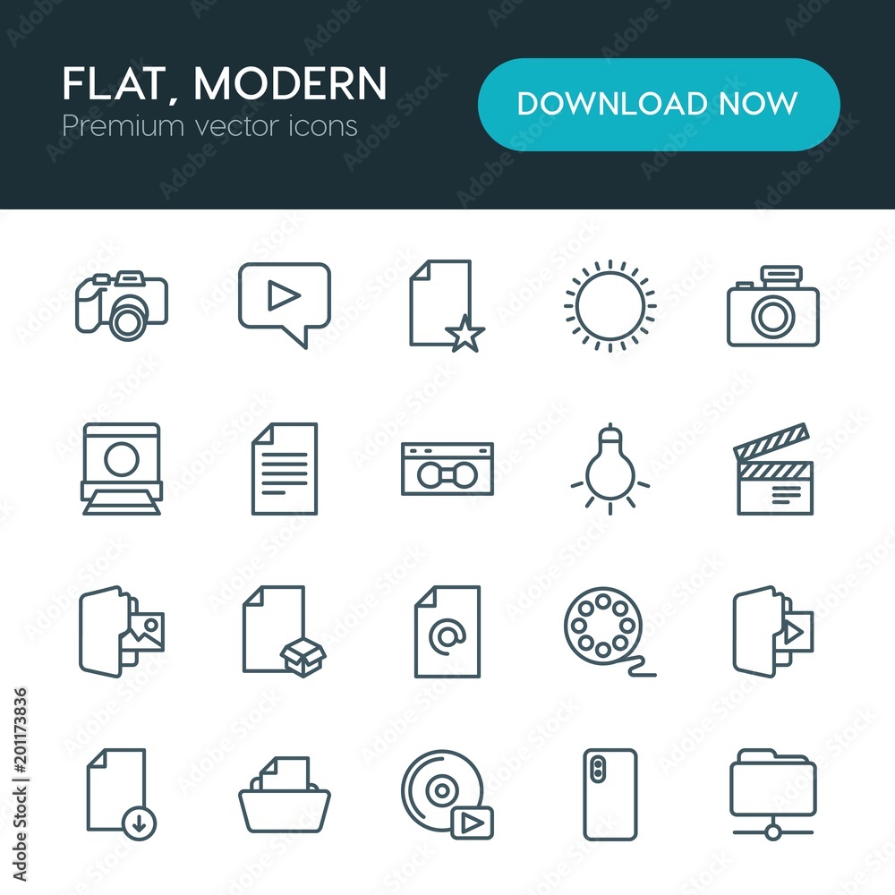 Poster modern simple set of folder, video, photos, files vector outline icons. ..contains such icons as len