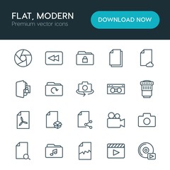 Modern Simple Set of folder, video, photos, files Vector outline Icons. ..Contains such Icons as  music,  storage,  play,  cloud,  office and more on white background. Fully Editable. Pixel Perfect