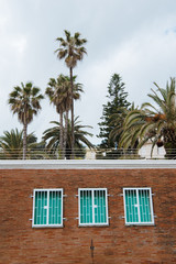 Facade of house with shuttered windows in front of palms, Anzio, Italy