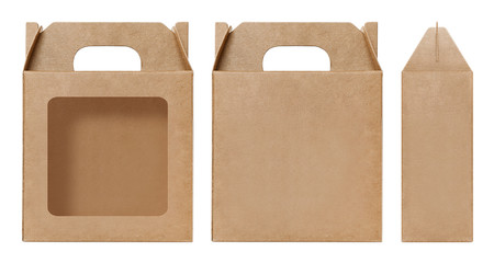 Box brown window shape cut out Packaging template, Empty kraft Box Cardboard isolated white background, Boxes Paper kraft natural material, Gift Box Brown Paper from Industrial Packaging carton