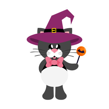 cartoon cute cat black with tie in witch hat with candy

