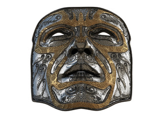 iron mask with ornament and gold bevels on an isolated white background. 3d illustration