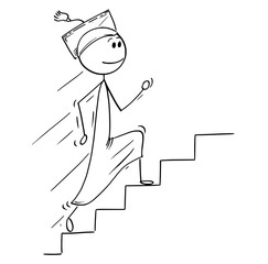 Cartoon stick man drawing conceptual illustration of graduate young man running up stairs or staircase. Concept of success, future and career.