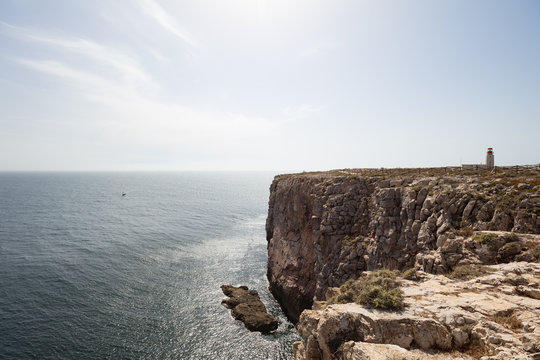 Lighthouse of Ponta de Sagres on cliff against sky