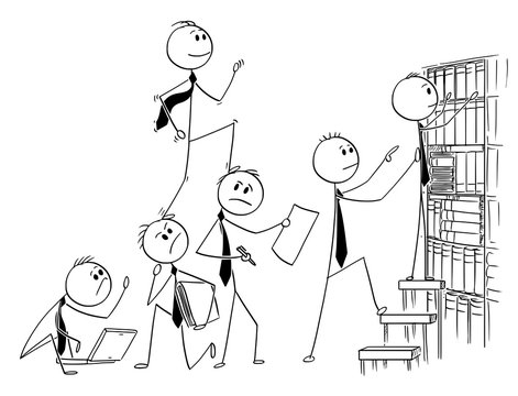 Cartoon stick man drawing conceptual illustration of businessman climbing up backs of his teammates or coworkers. Business concept of selfishness and egoism.