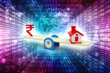Fototapeta premium Real Estate Concept, Real estate Indian Rupee and house balance. 3d illustration