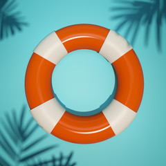 3d render of life buoy on blue background. Flat lay. Palm leaves shades. Resort and vacation safety conceptual illustration.