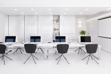 Office interior with a row of chairs, long table and computers 3d illustration