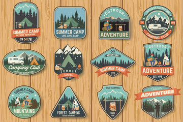 Set of Summer camp badges on the wood board. Vector.