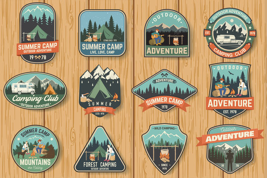 Set of Summer camp badges on the wood board. Vector.