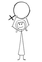 Cartoon stick man drawing conceptual illustration of woman holding female sex symbol. Concept of lesbian homosexuality.