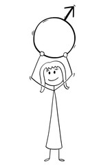 Cartoon stick man drawing conceptual illustration of woman holding male sex symbol. Concept of heterosexuality.