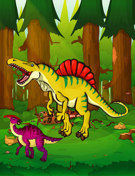 Spinosaurus on the background of a forest.