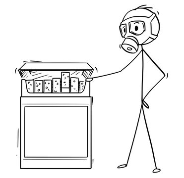 Cartoon stick man drawing conceptual illustration of man in gas mask looking at box of cigarettes.