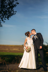 Fototapeta na wymiar Wedding couple stands on the blue sky background