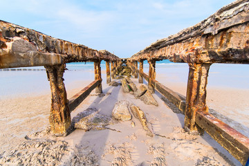 At low tide, the old broken fishing docks.Thailand.