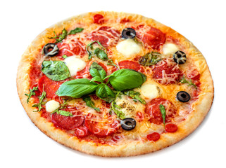 Pepperoni Pizza isolated on white background. Pizza with mozzarella cheese, Basil leaf  and tomato sauce, top view.