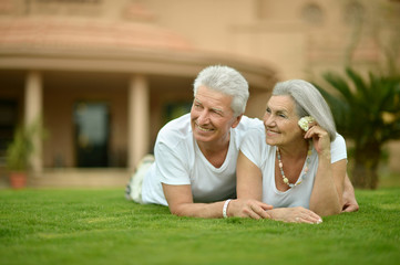 Elderly couple posing  on grass at resort