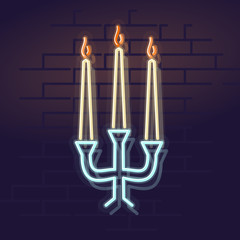 Neon candles. Night illuminated wall street sign. Isolated geometric style illustration on brick wall background.