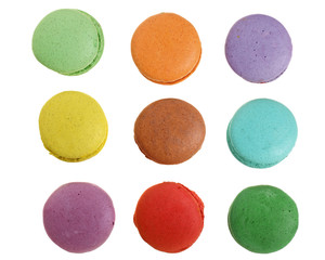 colored macarons isolated on white background without a shadow closeup. Top view. Flat lay