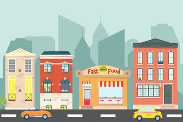Obraz na płótnie Canvas Web banner with city landscape. City landscape. Urban landscape in flat style.Fast food cafe in town. Vector illustration.