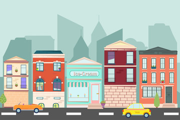 Web banner with city landscape. City landscape. Urban landscape in flat style.Fast food cafe in town. Vector illustration.