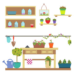 Gardening tools and home plants on wooden shelves and wooden table. Home plants, seeds, decorative flowers in pots. Flat style illstration. Flat design.