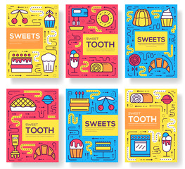 Naklejka premium Cake stand in shop vector brochure cards thin line. Sweet for party template of flyear, magazines, posters, book cover, banners. Layout food set on happy birthday or wedding outline modern pages